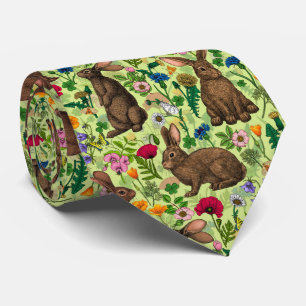 Rabbits and wildflowers on honeydew green tie