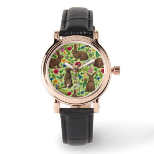 Rabbits and wildflowers on honeydew green watch