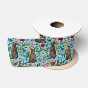 Rabbits and wildflowers satin ribbon