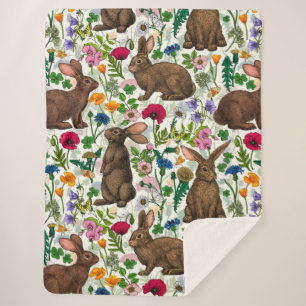 Rabbits and wildflowers sherpa blanket