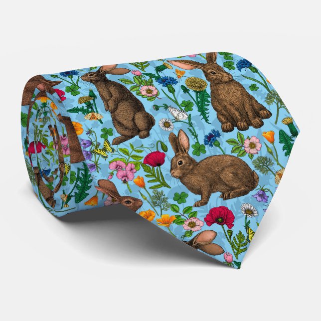 Rabbits and wildflowers tie (Rolled)
