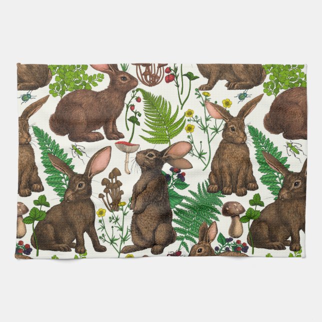 Rabbits and woodland flora 4 tea towel (Horizontal)
