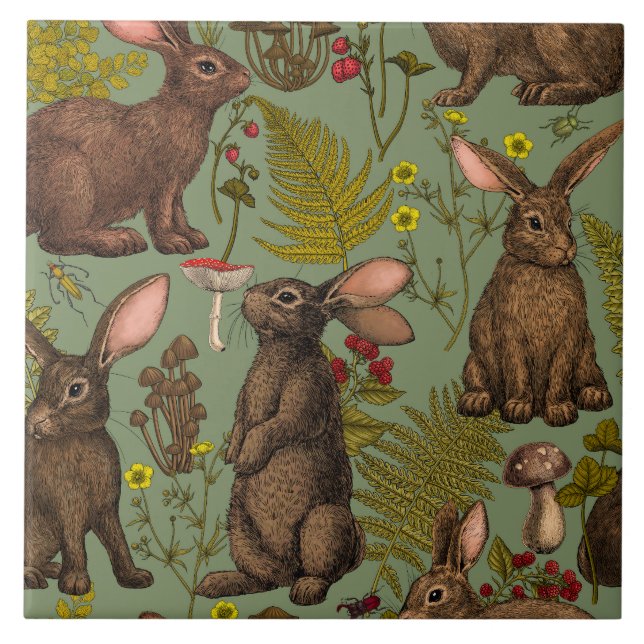 Rabbits and woodland flora Ceramic Tile (Front)