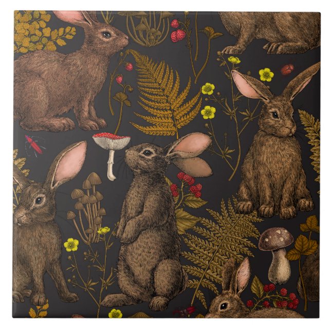 Rabbits and woodland flora Ceramic Tile (Front)