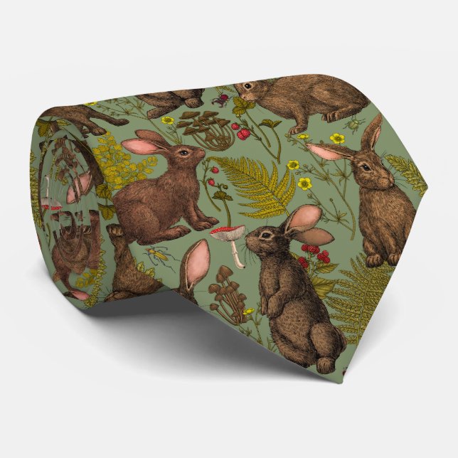 Rabbits and woodland flora Neck Tie (Rolled)