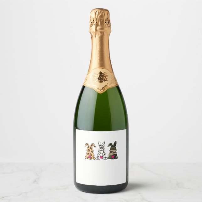 Rabbits Bunnies Leopard Camouflage Happy Easter Da Sparkling Wine Label (Front)