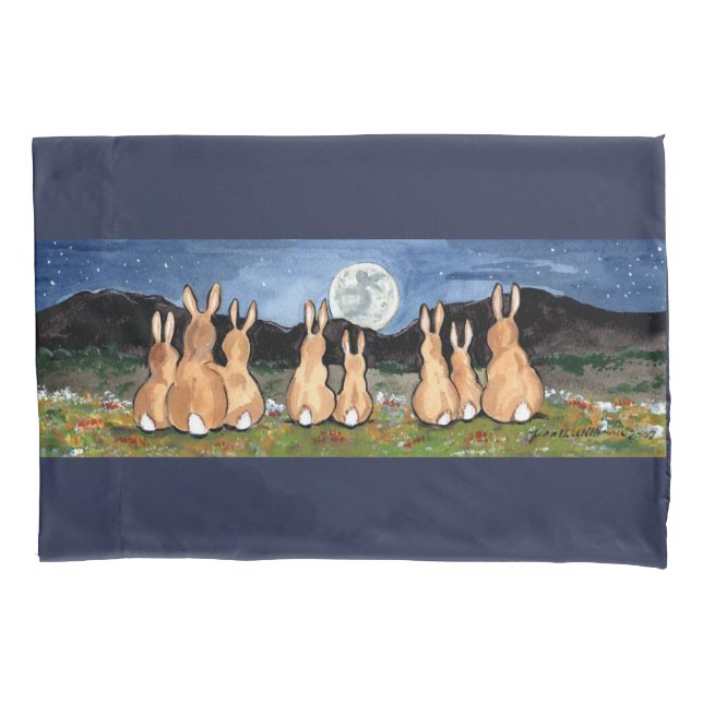 Rabbits Bunny Watch Moon Night Sky Nature Meadow Pillowcase (Front)