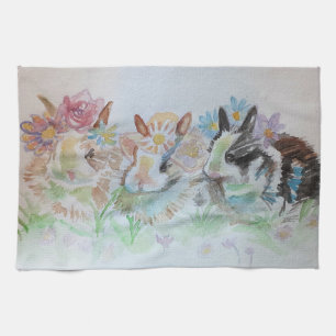 Rabbits Cute Rabbit Watercolour Floral Bunny Tea Towel