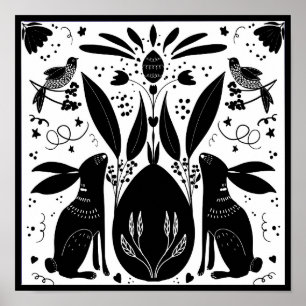 Rabbits Folk Art  Block Print Design Post B&/W