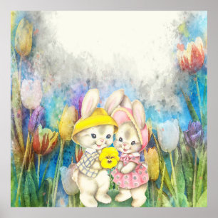 Rabbits in Flowers Poster