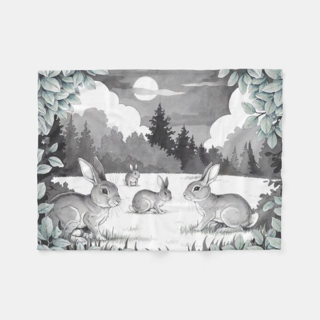Rabbits in Forest Clearing Fleece Blanket (Front (Horizontal))