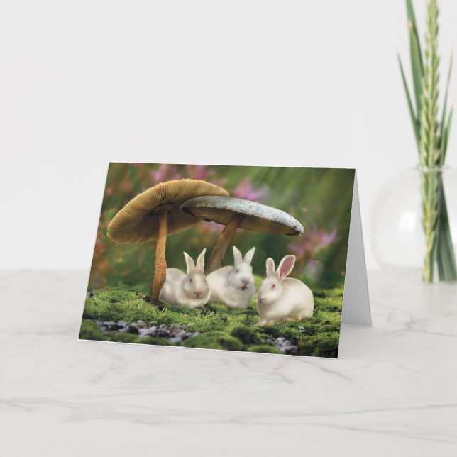 Rabbits in Wonderland (Rabbits & mushrooms card) Card (Front)
