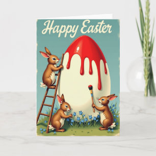 Rabbits Painting Egg Springtime Card