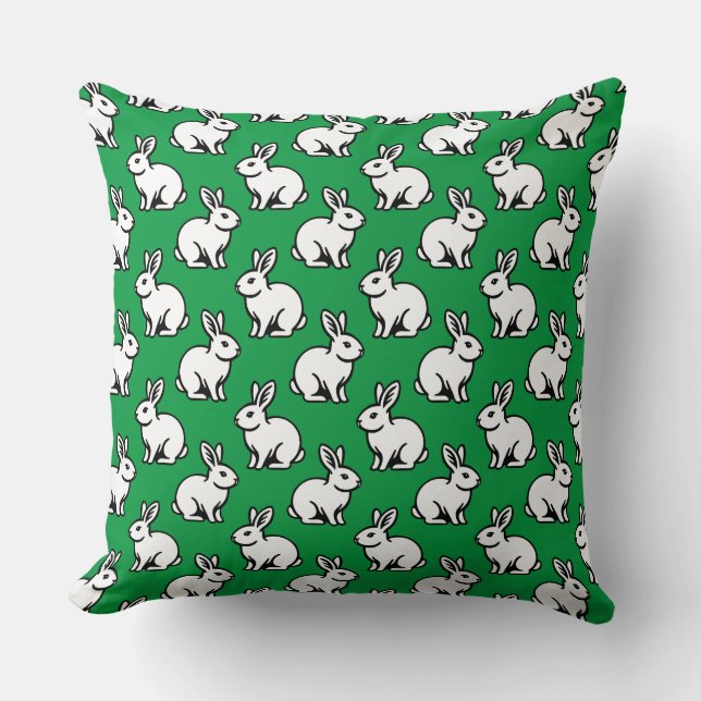 Rabbits Pattern - Black and White with Kelly Green Cushion (Front)