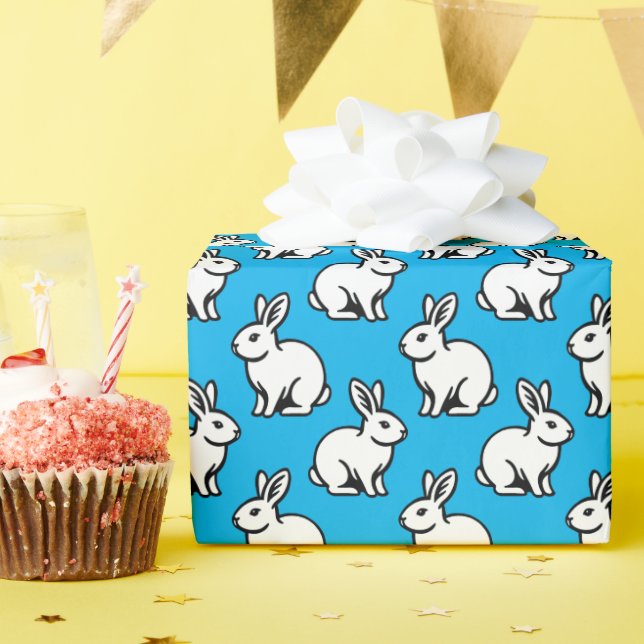 Rabbits Pattern - Black and White with Sky Blue Wrapping Paper (Birthday Party)