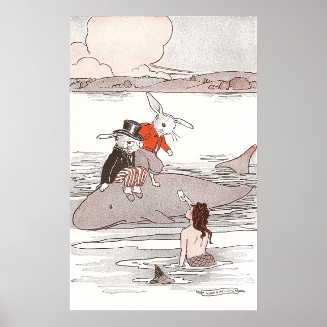 Rabbits Riding Whale Meet Mermaid Poster (Front)