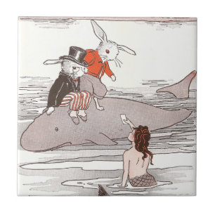 Rabbits Riding Whale Meet Mermaid Tile