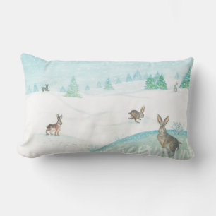 Rabbits Sitting & Jumping On Snow Lumbar Cushion