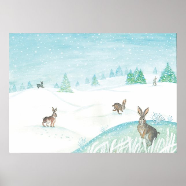 Rabbits Sitting & Jumping On Snow  Poster (Front)