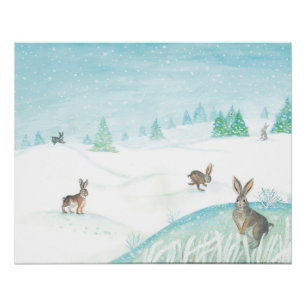 Rabbits Sitting & Jumping On Snow  Poster