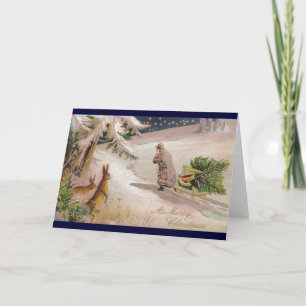 Rabbits Watch Santa in Purple Coat Pull Sled Holiday Card