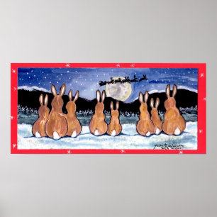 Rabbits Watching Santa Moon Christmas Poster Snow