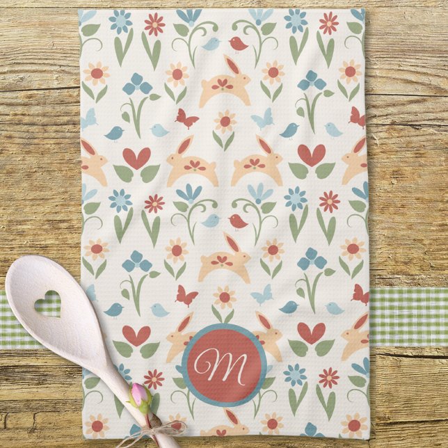 Rabbits Wildflowers Birds Monogram Tea Towel (Creator Uploaded)