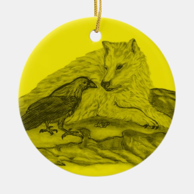 Rabe mit Wolf schwarz gelb Design Ceramic Ornament (Front)