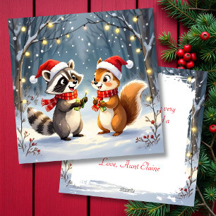 Raccoon and Squirrel Hanging Christmas Lights  Holiday Card