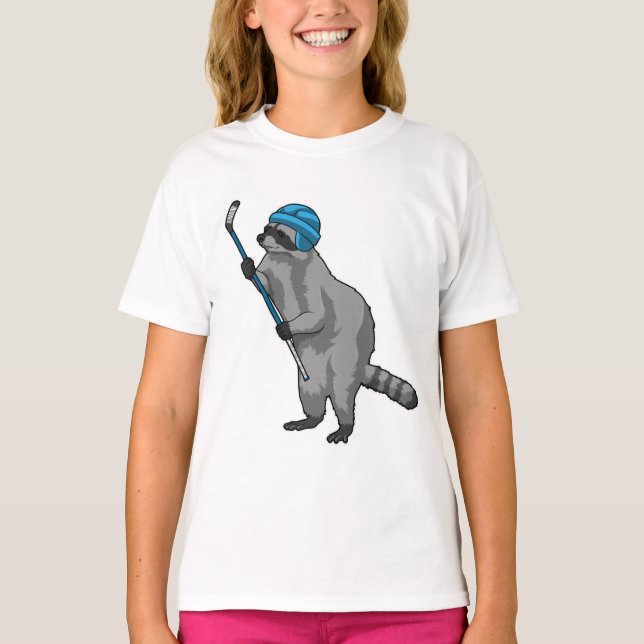 Raccoon at Ice hockey with Ice hockey stick T-Shirt (Front)