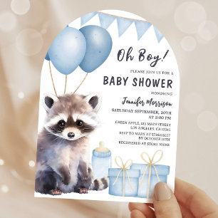 Raccoon Baby Shower Boy Blue Balloons Arch Invitation