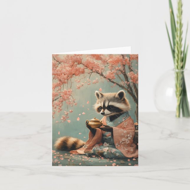 Raccoon Buddha: Peaceful Tea Under Cherry Tree Holiday Card (Front)