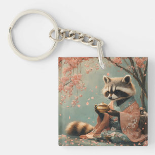 Raccoon Buddha: Peaceful Tea Under Cherry Tree Key Ring