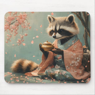 Raccoon Buddha: Peaceful Tea Under Cherry Tree Mouse Pad