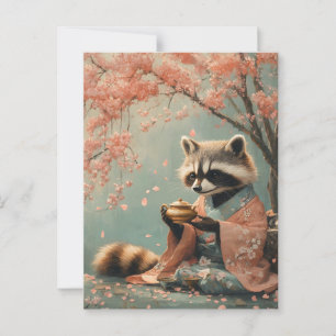 Raccoon Buddha: Peaceful Tea Under Cherry Tree Postcard