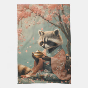 Raccoon Buddha: Peaceful Tea Under Cherry Tree Towel