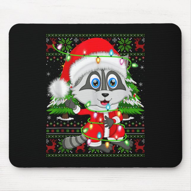 Raccoon Christmas Lights Santa Costume Ugly Xmas S Mouse Pad (Front)