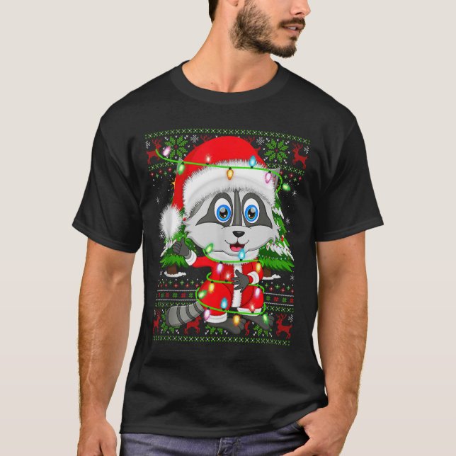 Raccoon Christmas Lights Santa Costume Ugly Xmas S T-Shirt (Front)