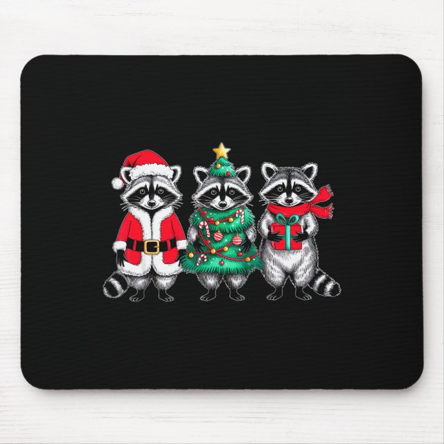 Raccoon Christmas Tree Light Santa Hat Xmas Family Mouse Pad (Front)