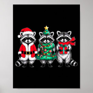 Raccoon Christmas Tree Light Santa Hat Xmas Family Poster