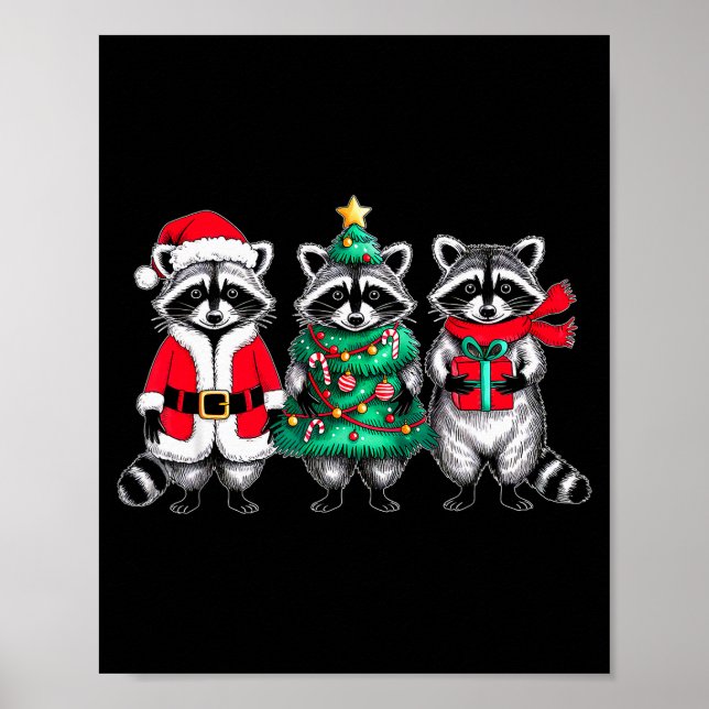 Raccoon Christmas Tree Light Santa Hat Xmas Family Poster (Front)
