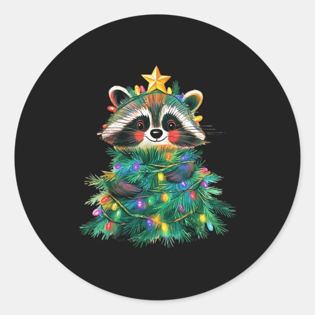 Raccoon Christmas Tree Pajamas Girls Boys Xmas Lig Classic Round Sticker (Front)