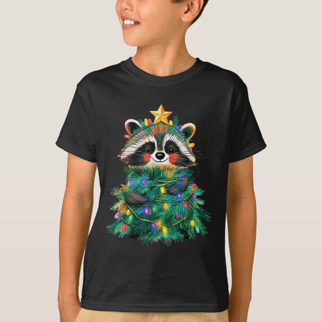 Raccoon Christmas Tree Pajamas Girls Boys Xmas Lig T-Shirt (Front)