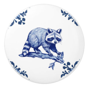 Raccoon Delft Blue and White Corners Woodland Ceramic Knob