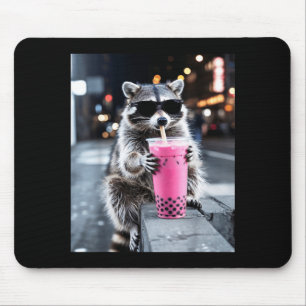 Raccoon drinking iced boba pink tea funny meme men mouse pad