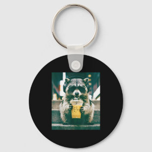 Raccoon drinking iced coffee, animal meme graphic key ring