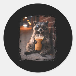 Raccoon drinking iced coffee funny animal meme classic round sticker