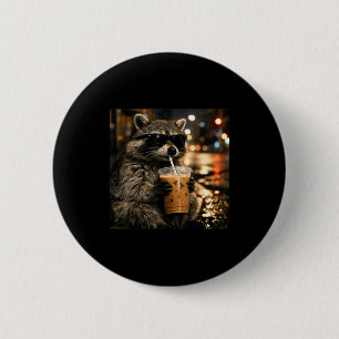 Raccoon drinking iced coffee funny animal meme men 6 cm round badge