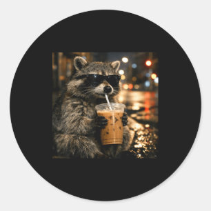 Raccoon drinking iced coffee funny animal meme men classic round sticker