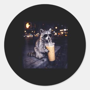 Raccoon drinking iced coffee funny animal meme men classic round sticker